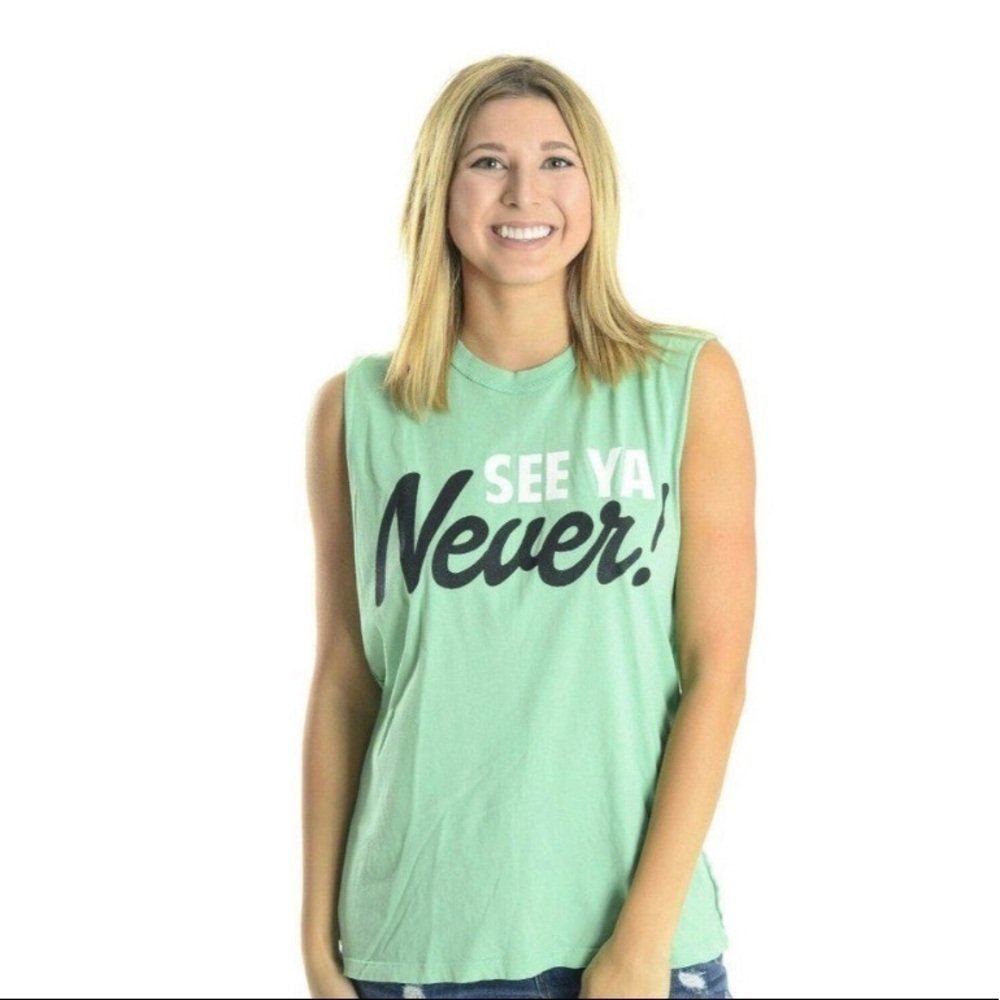 Sz L NWT Jac Vanek See Ya Never Sleeveless Muscle T-shirt Crewneck Soft!